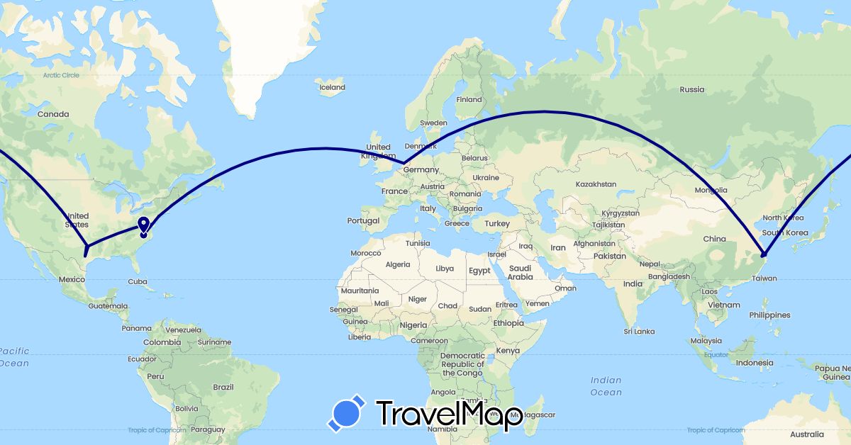TravelMap itinerary: driving in China, Netherlands, United States (Asia, Europe, North America)